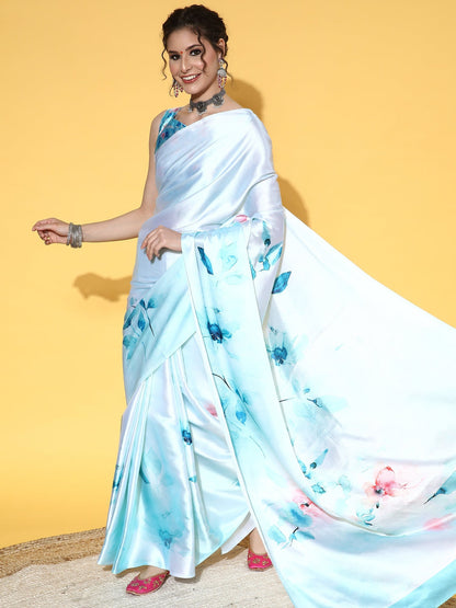 Women's Crepe Turquoise Printed Designer Saree With Blouse Piece