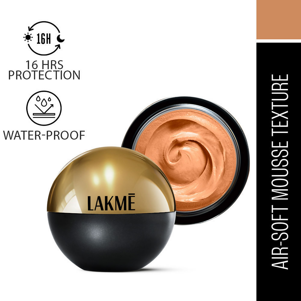 Lakme Xtraordin-Airy Mattereal Mousse Foundation in shade 03 Golden Sand, showing the smooth, lightweight texture and packaging.