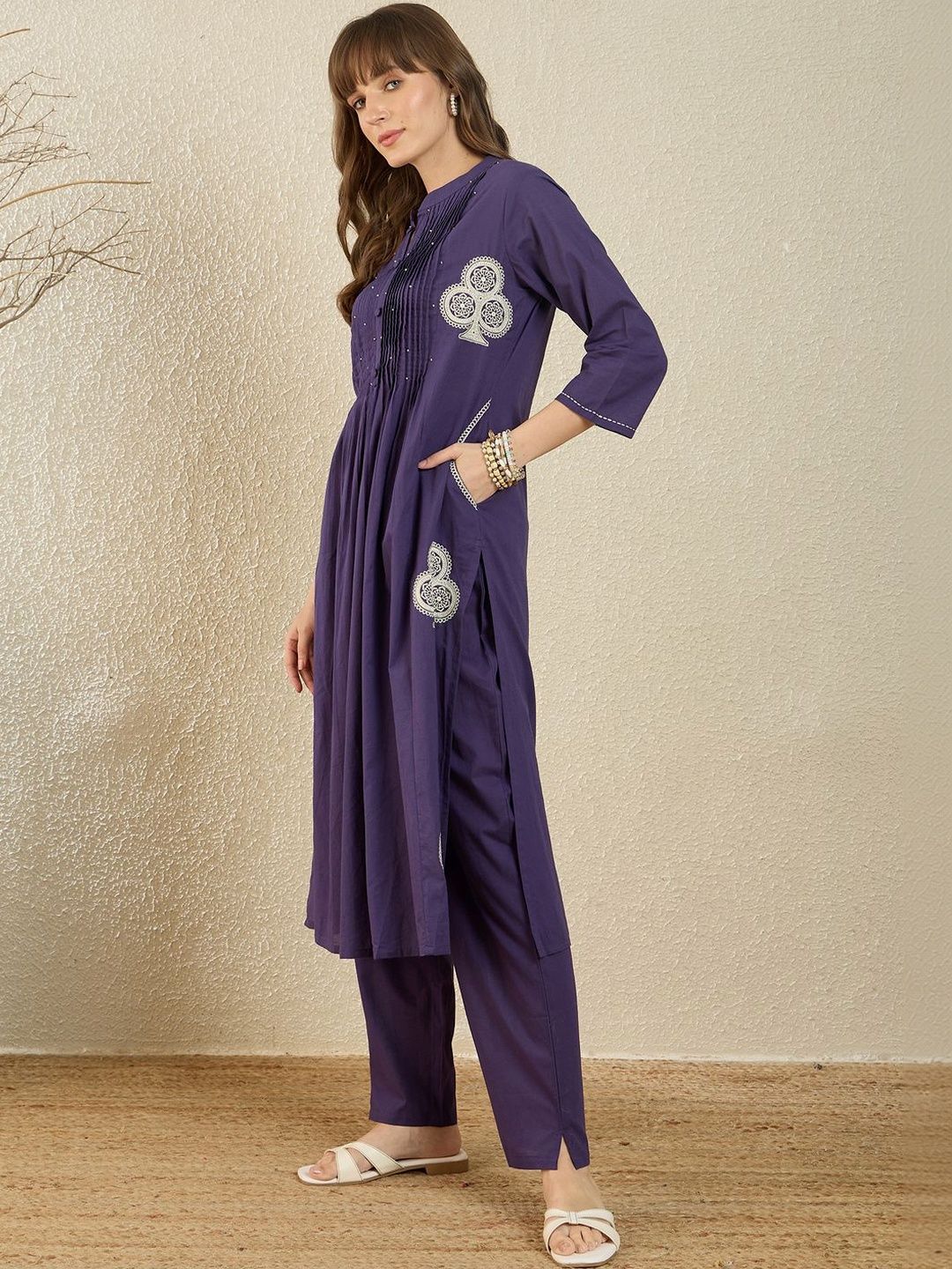 Women Ethnic Motifs Embroidered Pleated Thread Work Pure Cotton Kurta with Trousers