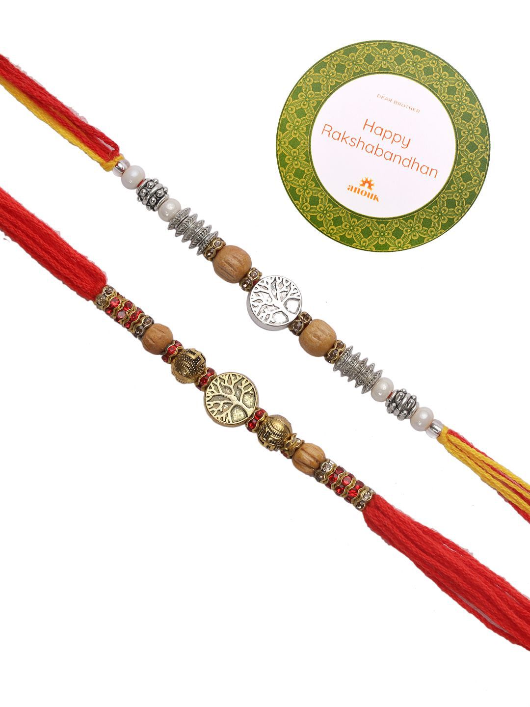 Anouk Red Set Of 2 Stone Studded & Beaded Rakhis With Roli Chawal & Greeting Card