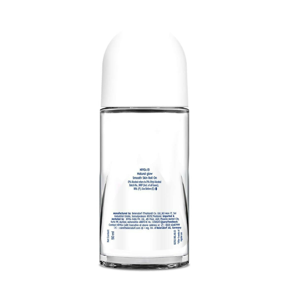 Nivea Natural Glow Smooth Skin deodorant roll-on for women, underarm cream in a white and blue bottle with a rounded cap.