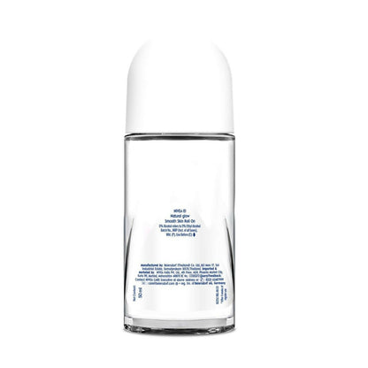 Nivea Natural Glow Smooth Skin deodorant roll-on for women, underarm cream in a white and blue bottle with a rounded cap.