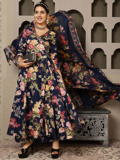 Indyancart SN Women's Floral Printed Pure Cotton Anarkali Kurta with Palazzo & Dupatta