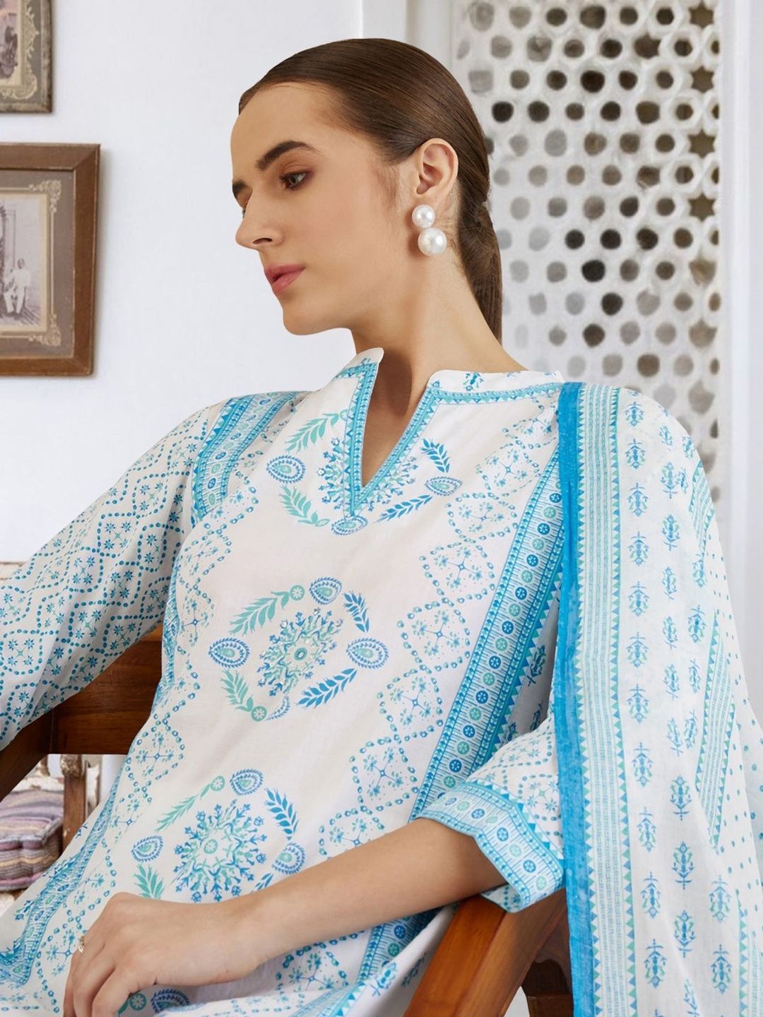 Women Ethnic Motifs Printed Regular Pure Cotton Kurta with Trousers & With Dupatta