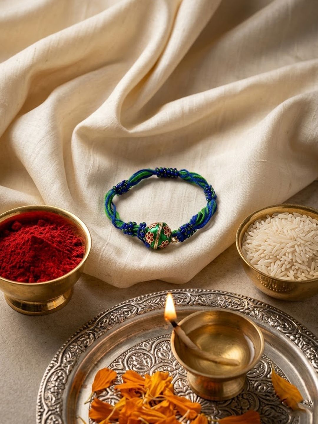 Anouk Magnetic Opening Blue Meenakari Work Thread Rakhi With Roli Chawal Chandan Mishri