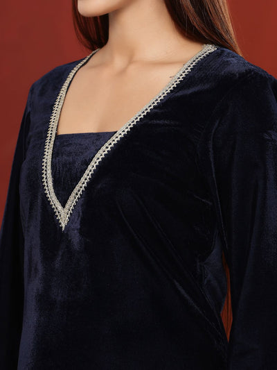 Indyancart VA Women's V Neck Zari Embroidered Velvet Kurta with Trouser