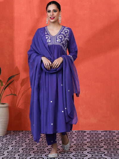 Indyancart SN Women's Floral Embroidered Pure Cotton Anarkali Kurta And Trousers With Dupatta