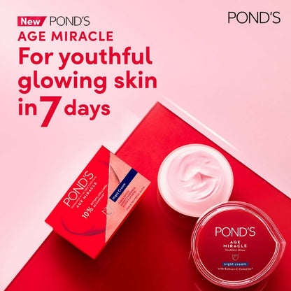 Ponds Age Miracle Wrinkle Corrector Night Cream jar with white and gold packaging, showcasing the product for mature skin care.