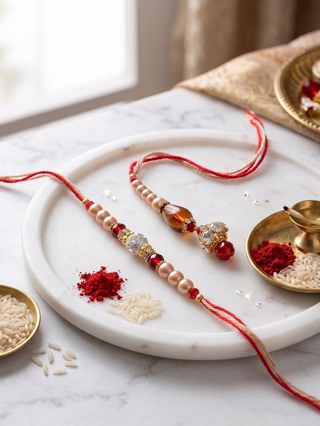 Anouk Set Of 2 Multicolor Artificial Stones & Beads Bhaiya Bhabhi Rakhi With Roli Chawal