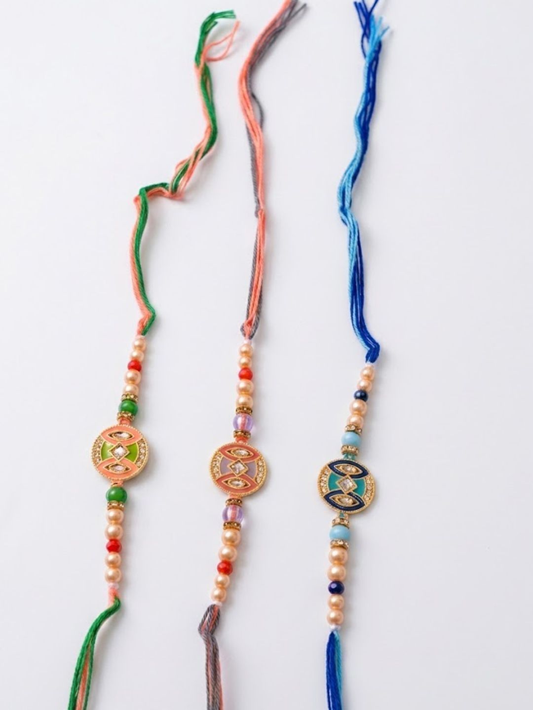 Anouk Set Of 3 Multicolor Artificial Stones & Beads Thread Rakhi With Roli Chawal Chandan