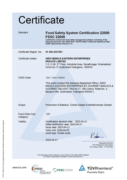 FSSC22000 certificate for Gourmet Baklava Nutella Nest Baklava, North Indian sweet with layered pastry and Nutella filling