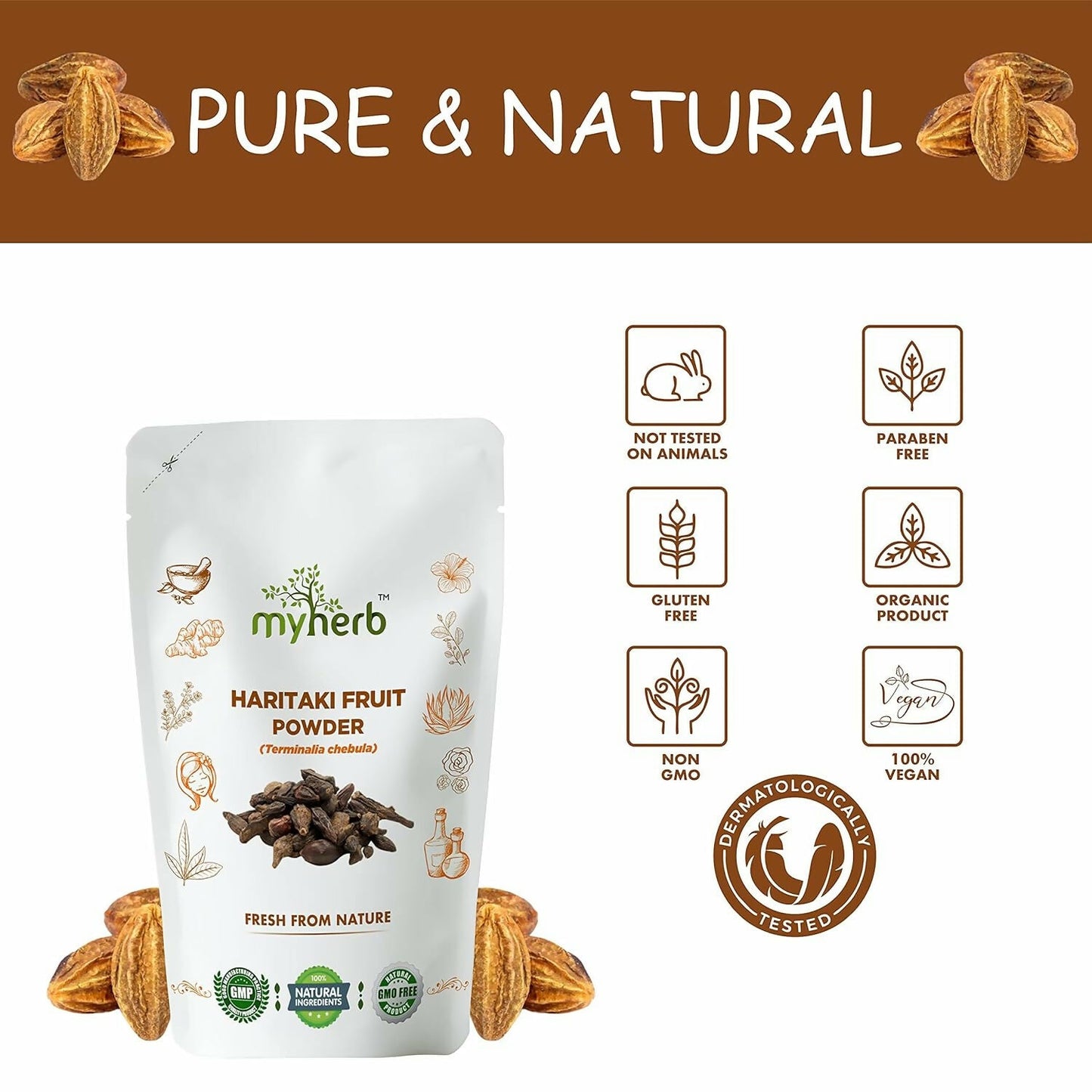 Myherb natural organic haritaki powder in a clear glass jar, showing fine yellowish herbal powder for Ayurvedic use.