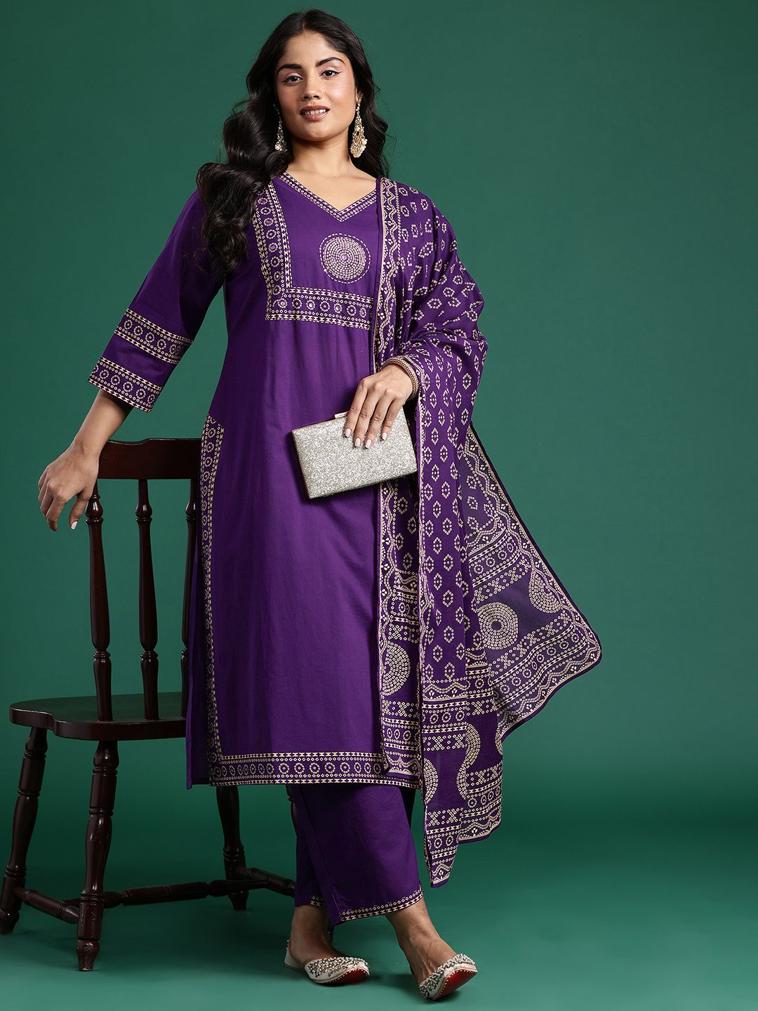 Indyancart Women's Ethnic Motifs Print Mirror Work Pure Cotton Kurta with Palazzos & Dupatta