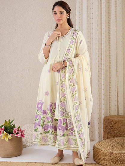 Women Floral Printed Panelled Thread Work Pure Cotton Kurta with Trousers & With Dupatta