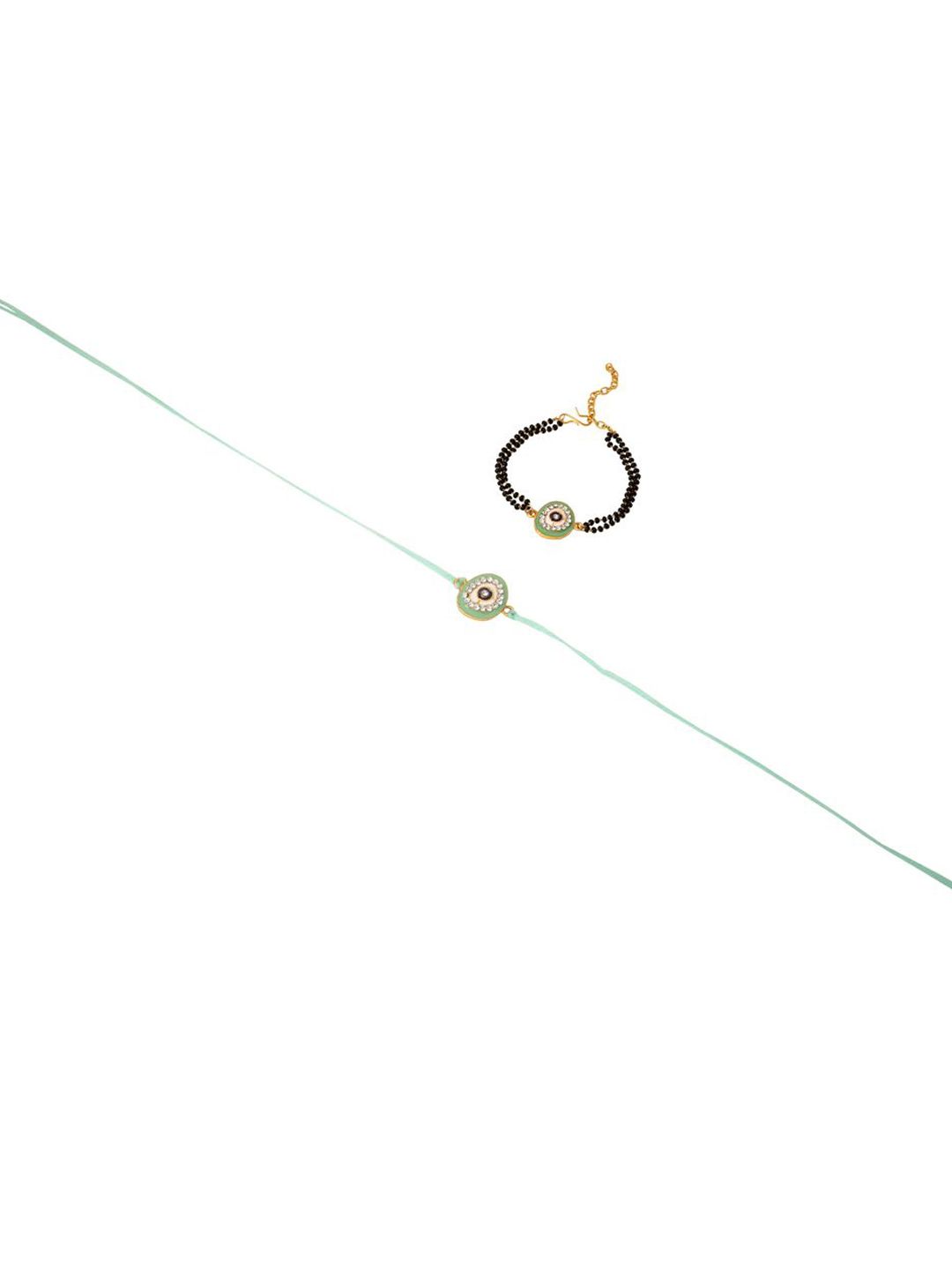 Anouk Set Of 2 Green Round Shape Artificial Stones Bhaiya Bhabhi Rakhi With Roli Chawal