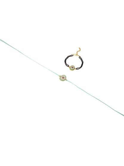 Anouk Set Of 2 Green Round Shape Artificial Stones Bhaiya Bhabhi Rakhi With Roli Chawal