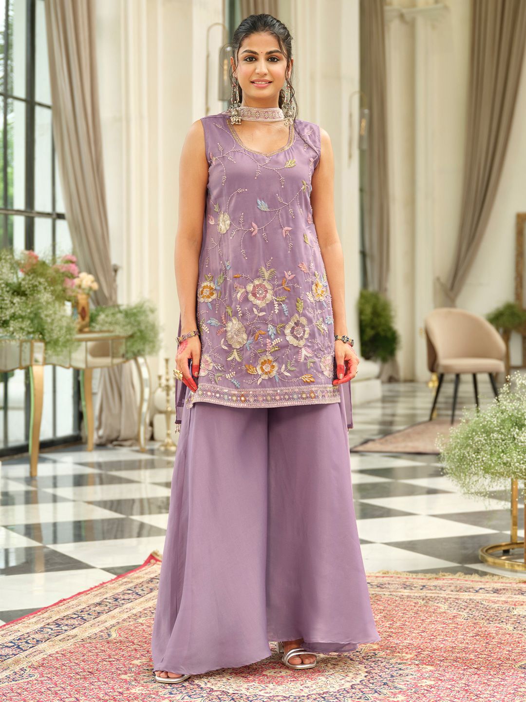 Women Floral Embroidered Kurta with Palazzos & Dupatta