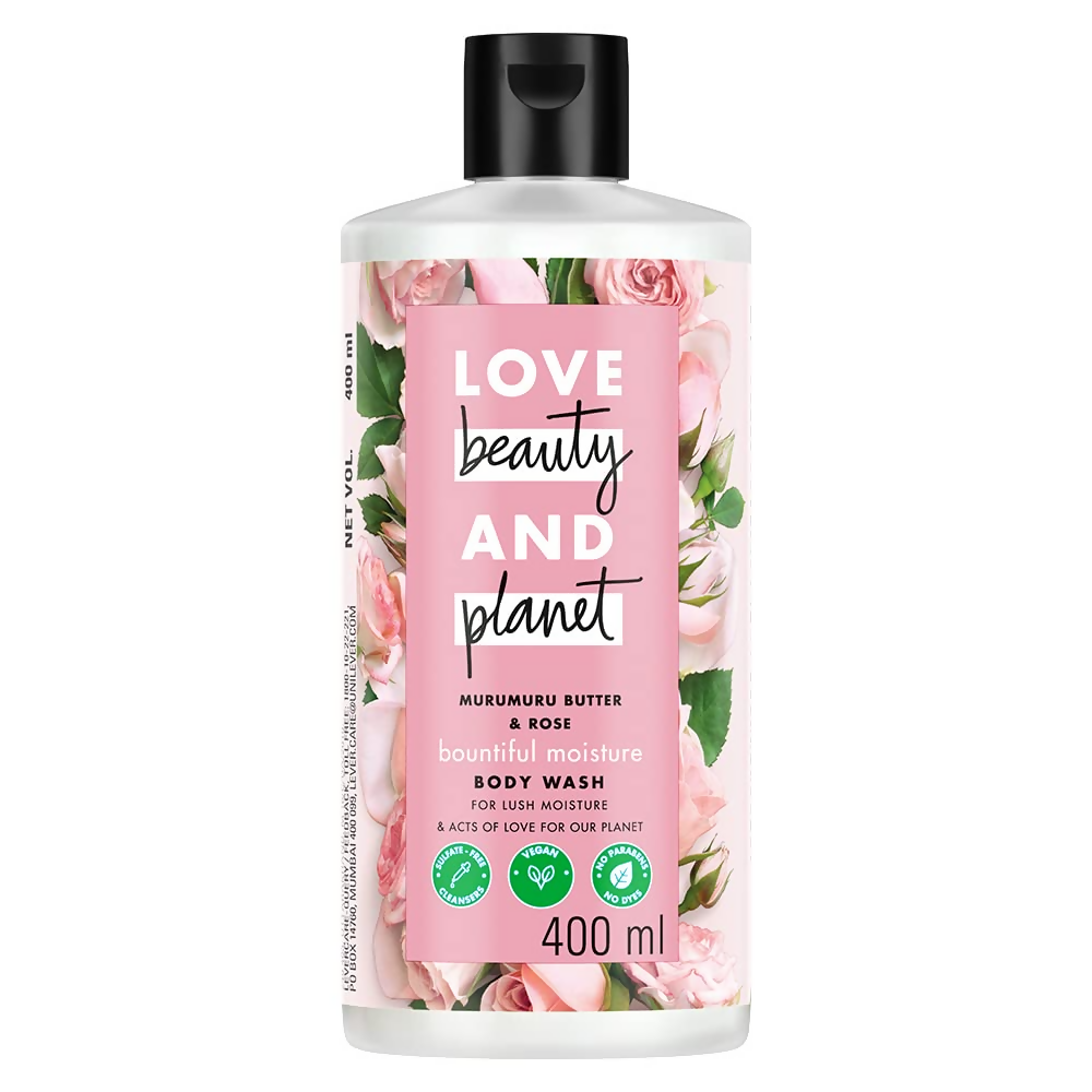 Love Beauty And Planet Murumuru Butter and Rose body wash in a clear bottle with pink and white label, showcasing floral design.