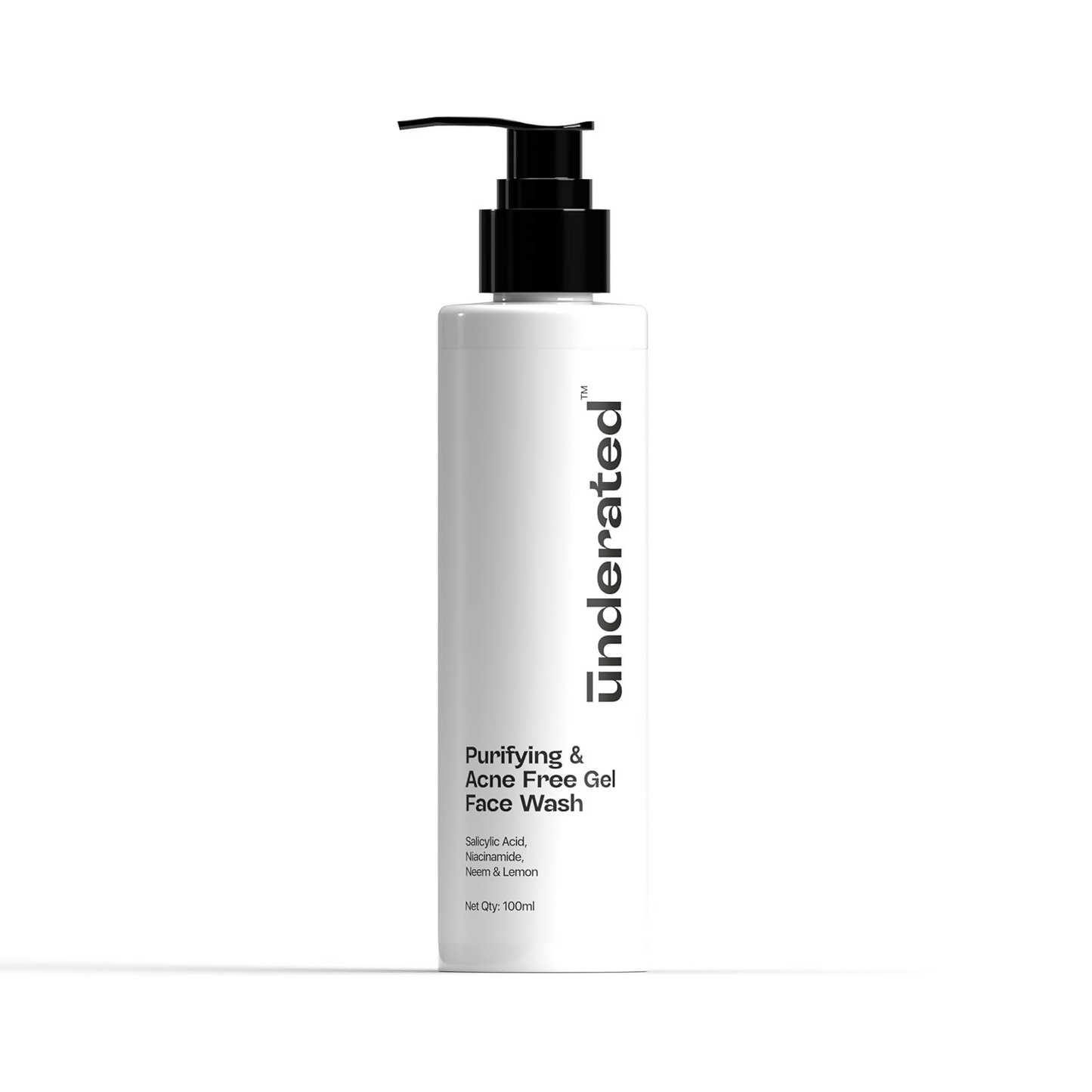 Underated purifying acne-free gel face wash in a clear tube, showing the product and its fresh, clean design.