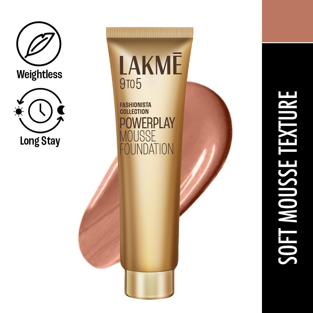 Lakme 9 To 5 Powerplay Mousse Foundation in Rose Honey, smooth and lightweight makeup base with a natural finish.