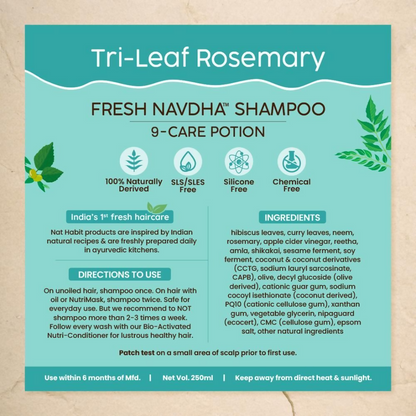 Nat Habit Tri-Leaf Rosemary Navdha Shampoo bottle with natural ingredients and herbal label, ideal for hair care.