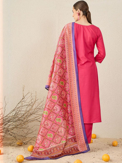 Notch Neck A-Line Kurta With Trousers & Dupatta Set