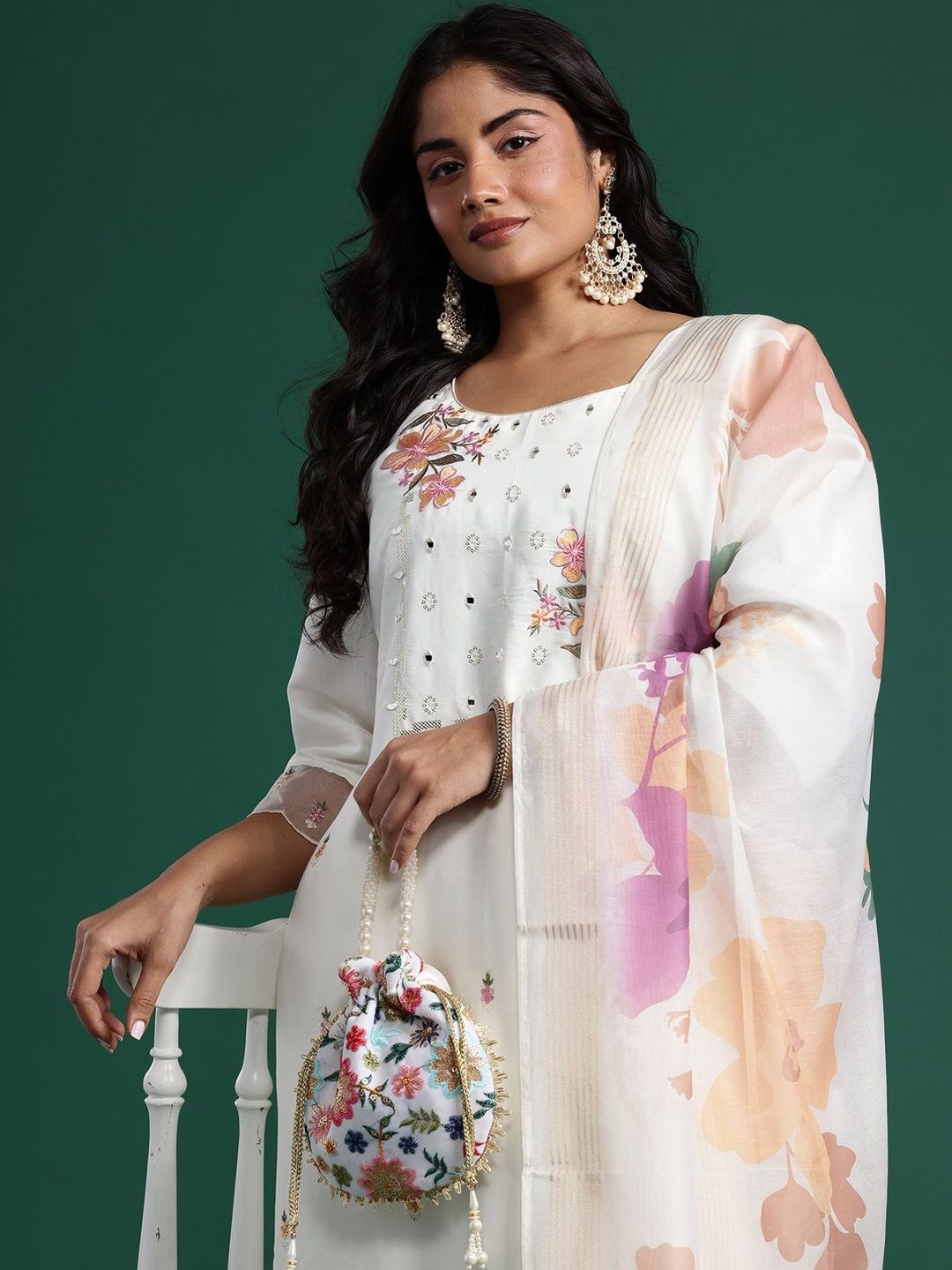 Indyancart Women's Floral Embroidered Regular Mirror Work Kurta with Trousers & With Dupatta