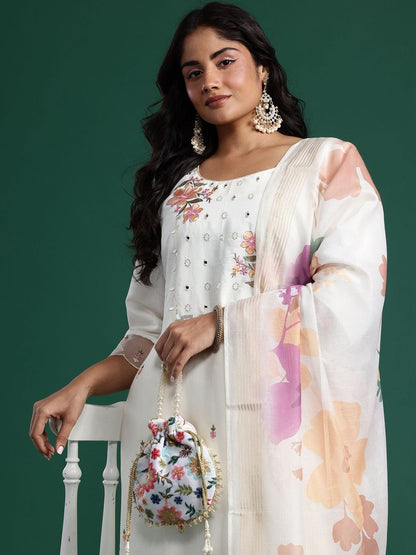 Indyancart Women's Floral Embroidered Regular Mirror Work Kurta with Trousers & With Dupatta