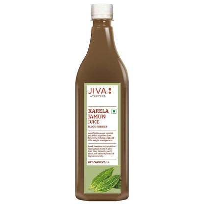 Jiva Ayurveda Karela Jamun Juice in a glass bottle, showcasing the Ayurvedic drink with fresh herbs and a natural setting.