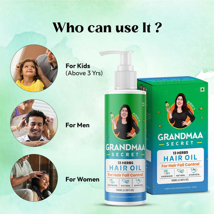 Nidhi's Grandmaa Secret 13 Herbs Hair Oil with coconut and curry leaves for dry, damaged hair and hair fall control.