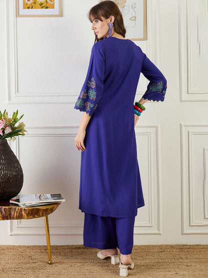 Indyancart IE Embroidered Pure Cotton A-Line Tunic With Trousers Co-Ords