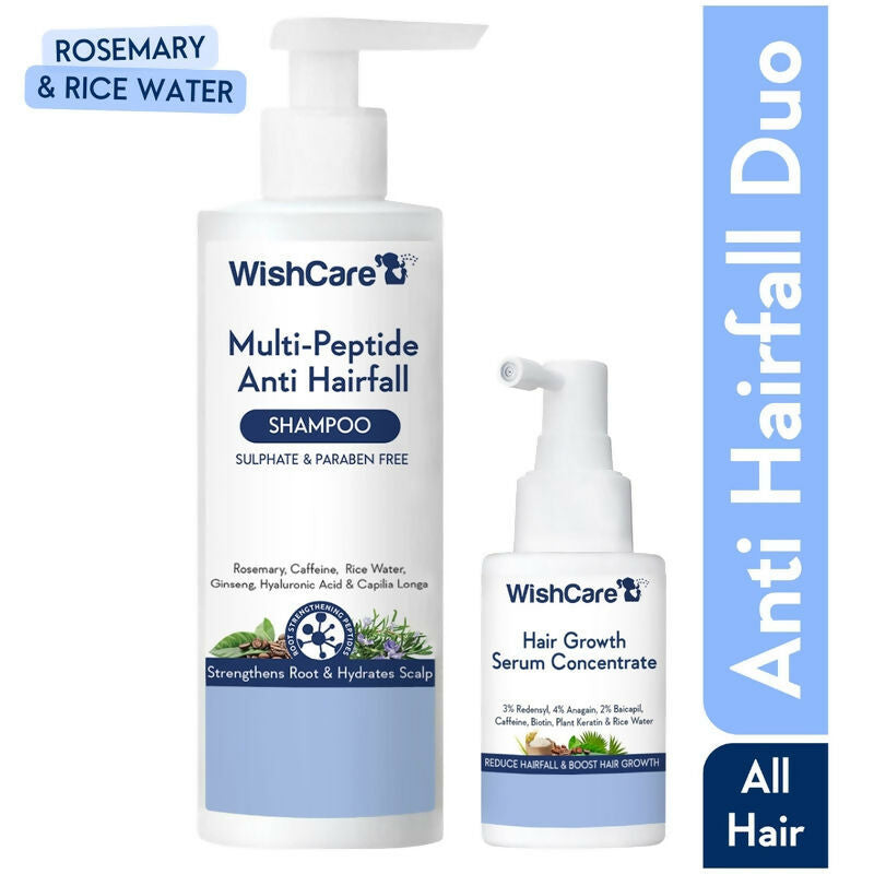 Wishcare hair growth serum and anti-hair fall shampoo bottles, featuring labels with natural ingredients and product details