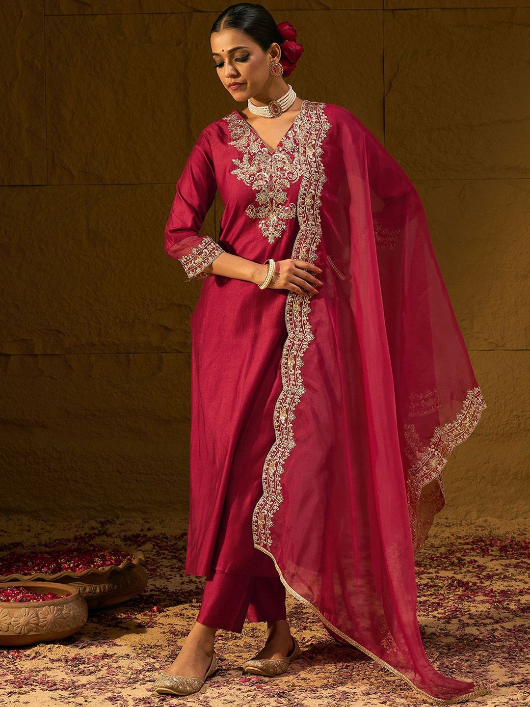 Indyancart IE Maroon Ethnic Motifs Embroidered Sequinned Liva Kurta with Trouser & Dupatta