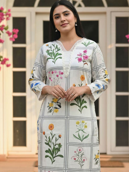 Women Floral Printed Linen Kurta with Trousers