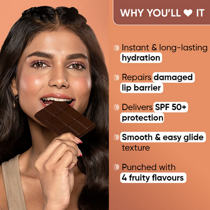Dot & Key Barrier Repair Hydrating Lip Balm SPF 50 with cocoa nude color, showing the balm tube with SPF protection and ceramide ingredients.
