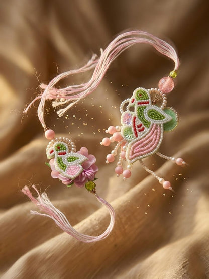 Anouk Set Of 2 Leaf Design Pearls & Artificial Stones Bhaiya Bhabhi Rakhi With Roli Chawal