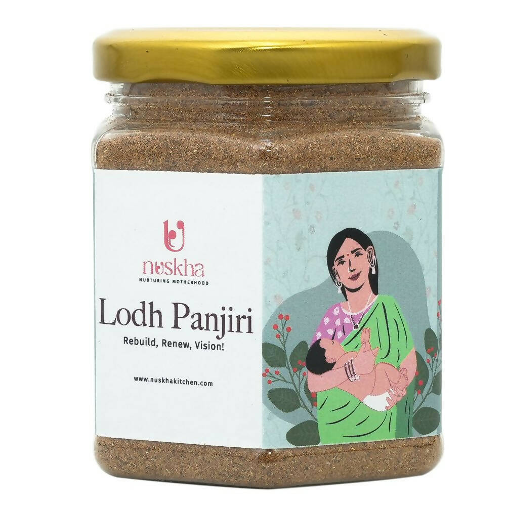 Ready-to-cook Nuskha Lodh Panjiri in a bowl, showcasing the traditional herbal mixture with dried ingredients and grains.