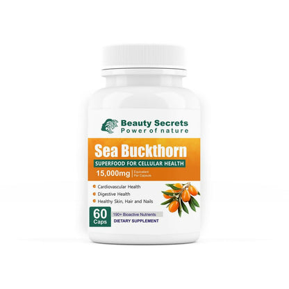 Beauty Secrets Himalayan Sea Buckthorn Capsules in a bottle, Ayurvedic supplement for skin and immune health.