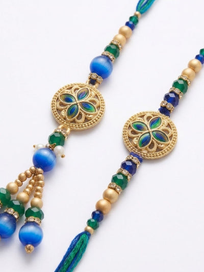 Indyancart Set Of 2 Blue Artificial Beads Morpankh Style Bhaiya Bhabhi Rakhi With Roli Chawal