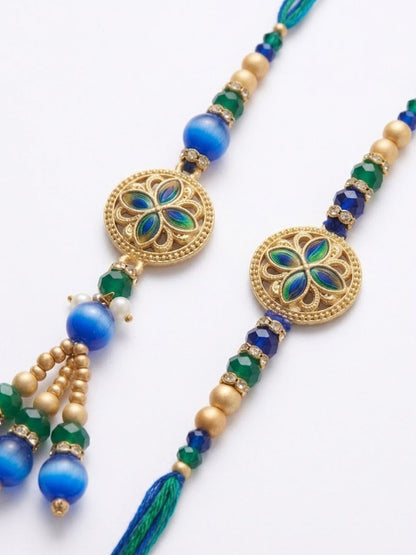 Anouk Set Of 2 Blue Artificial Beads Morpankh Style Bhaiya Bhabhi Rakhi With Roli Chawal