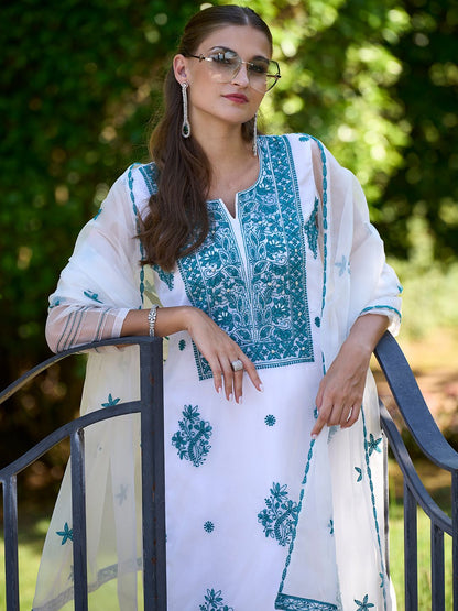 Women Floral Embroidered Regular Thread Work Kurta with Trousers & With Dupatta