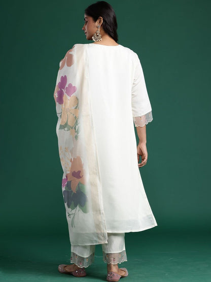 Indyancart Women's Floral Embroidered Regular Mirror Work Kurta with Trousers & With Dupatta