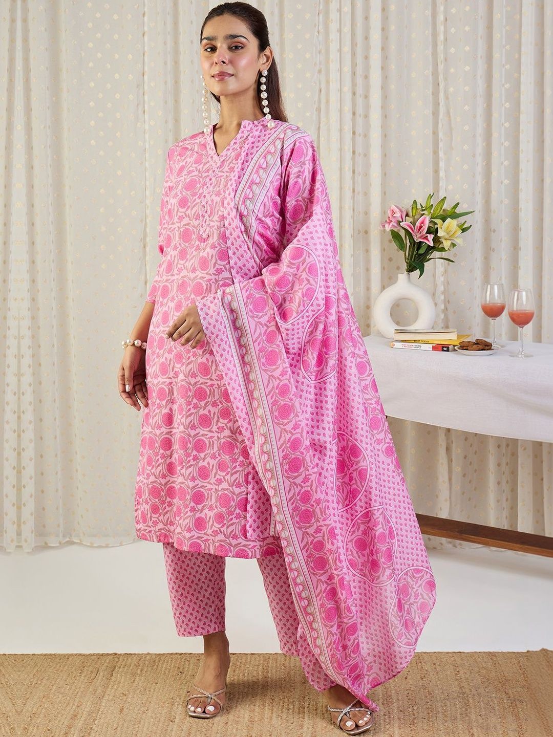Women Floral Printed Regular Pure Cotton Kurta with Trousers & With Dupatta