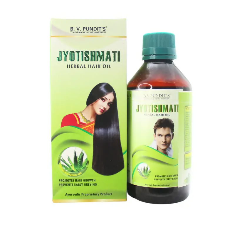 B V Pundit's Jyotishmati herbal hair oil bottle with label, showcasing natural ingredients for healthy hair care.