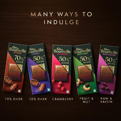 Cadbury Bournville Fruit and Nut dark chocolate bar showing pieces of fruit and nuts in rich dark chocolate