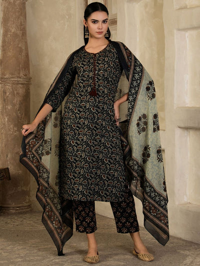 Indyancart SN Women's Floral Printed Cotton Kurta with Trousers & Dupatta