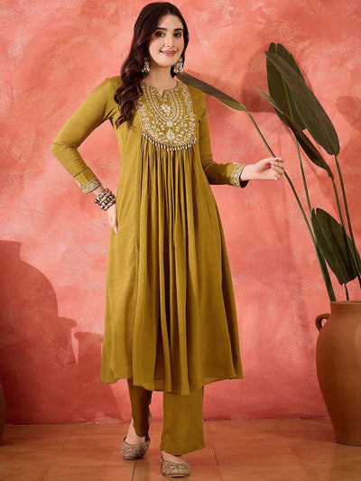 Indyancart SN Women's Zari & Sequin Embroidered Lace Work Kurta & Trousers