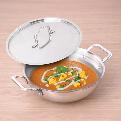 The Indus Valley TurboCuk Tri-ply Stainless Steel Kadai+ Steel Lid, Premium Quality, 3 Layer Thick Body, 100% Toxin-free, Non-stick, Induction & Gas, 3L/3.5L/3.9L/4.5L