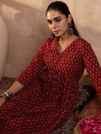 Indyancart IE Floral Printed V-Neck Pure Cotton Tunic With Trousers