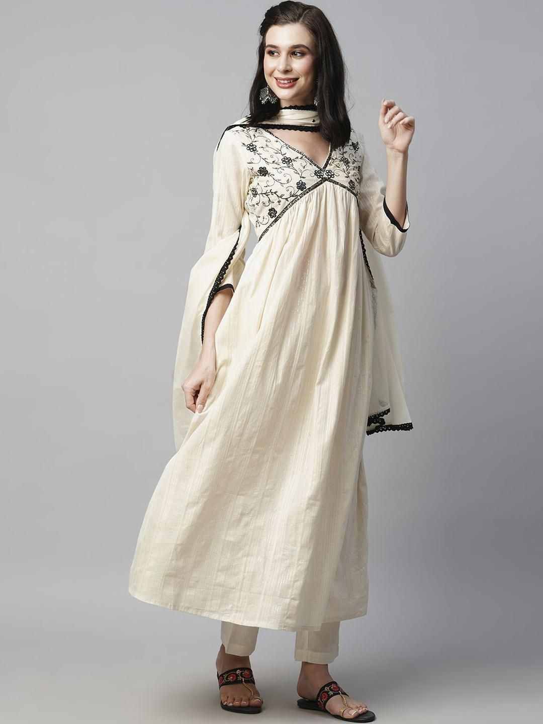 Indyancart SN Women's Woven Design Embroidered Cotton Kurta with Trousers & Dupatta